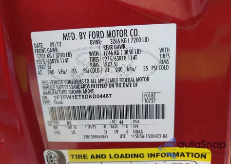 2013 Ford F-150 Xlt из США, поврежденный, VIN 1FTFW1ET5DKD04467